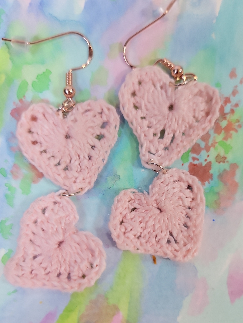 Pink Crochet Heart Dangle Earrings~Goldtone Ear Wires~& Original Watercolor ACEO